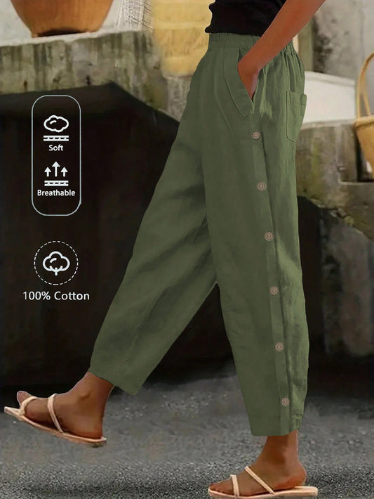 EMERY ROSE Women Casual Daily Wear Side Button Straight Pants