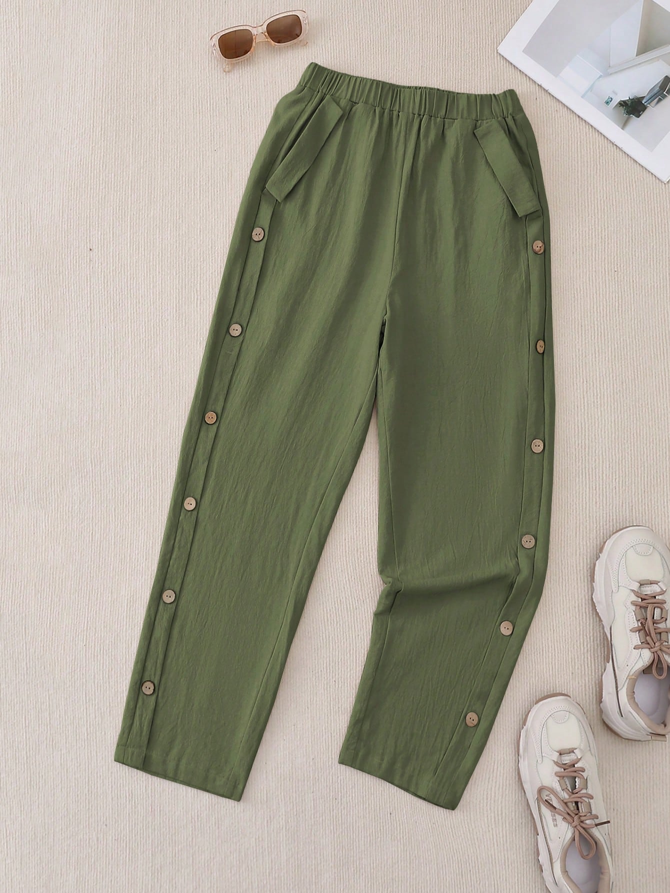 EMERY ROSE Women Casual Daily Wear Side Button Straight Pants