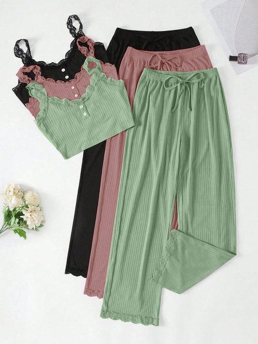 3pcs Women Lace Trim Top And Shorts Pajama Set