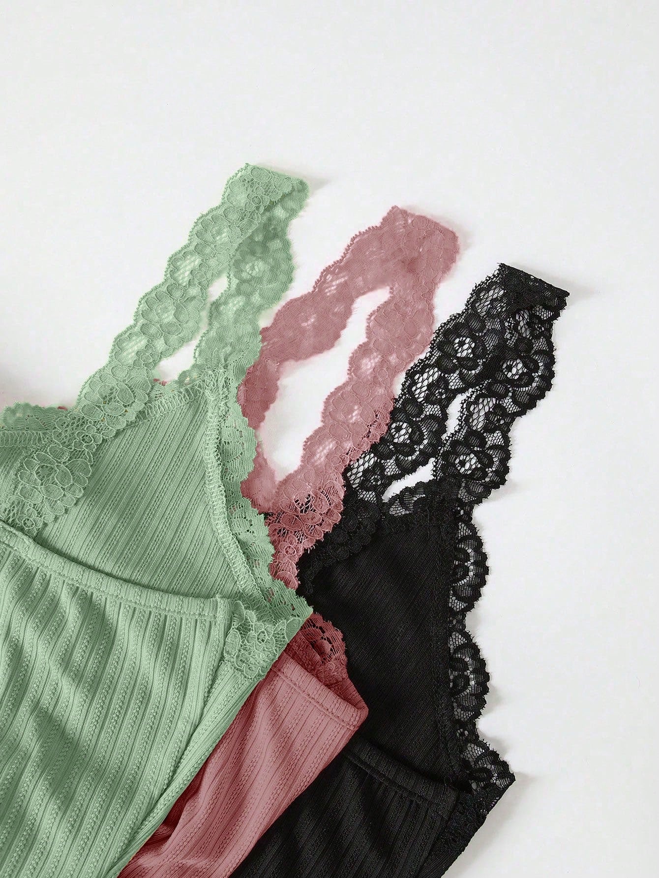 3pcs Women Lace Trim Top And Shorts Pajama Set