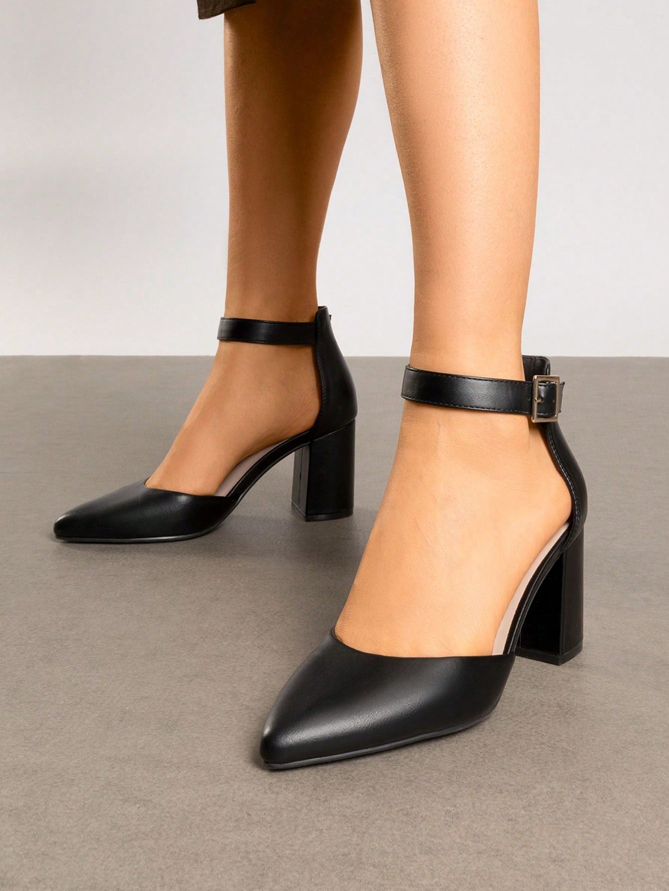Women's Classic Closed Pointed Toe High Chunky Ankle Strap Heels Pumps  Dress Shoes Fashionable And Elegant For Wedding Office Party, 3 Inches