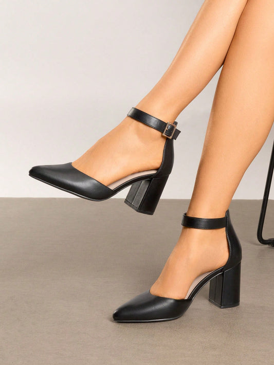 Women's Classic Closed Pointed Toe High Chunky Ankle Strap Heels Pumps  Dress Shoes Fashionable And Elegant For Wedding Office Party, 3 Inches