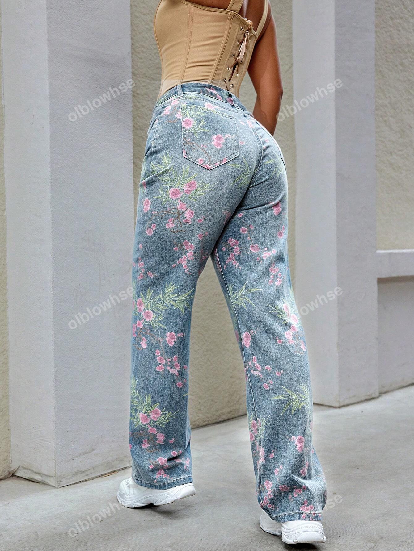 Y2K 90s Vintage High Waist Floral Print Slant Pocket Wide Leg Loose Fit Jeans