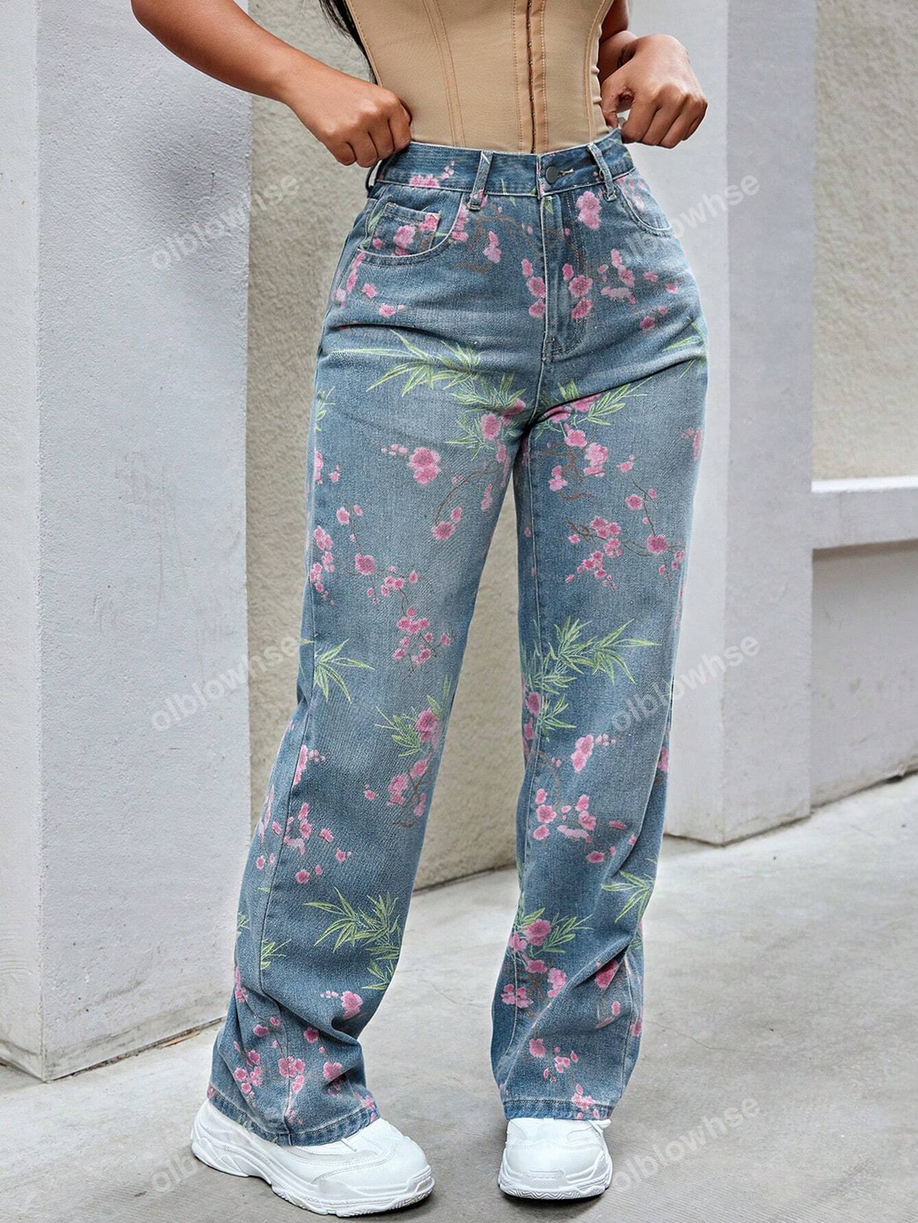 Y2K 90s Vintage High Waist Floral Print Slant Pocket Wide Leg Loose Fit Jeans