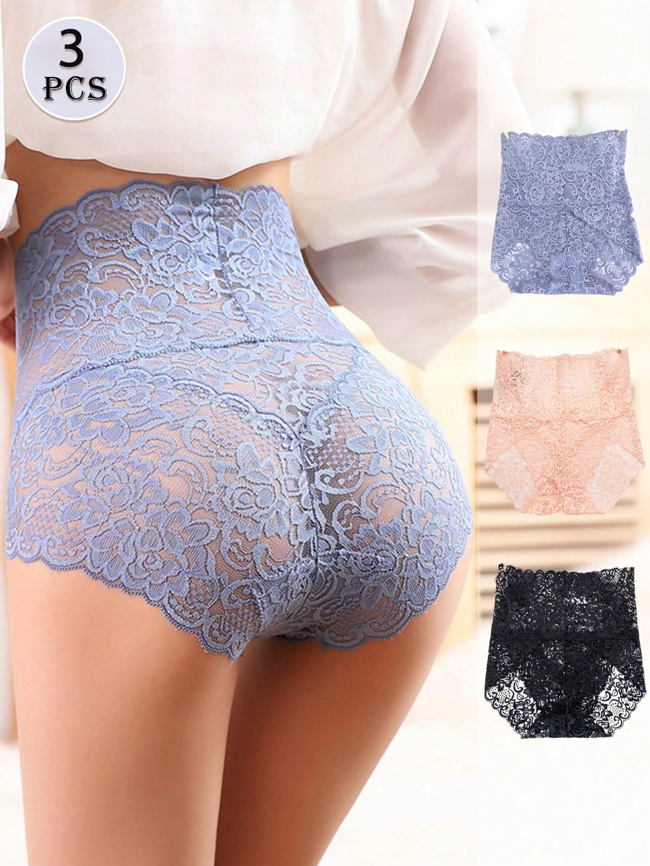 3PCS Lace High Waist Panties Women's Sexy Tummy Control Butt Lift Pattern Transparent Seamless Briefs Lingerie
