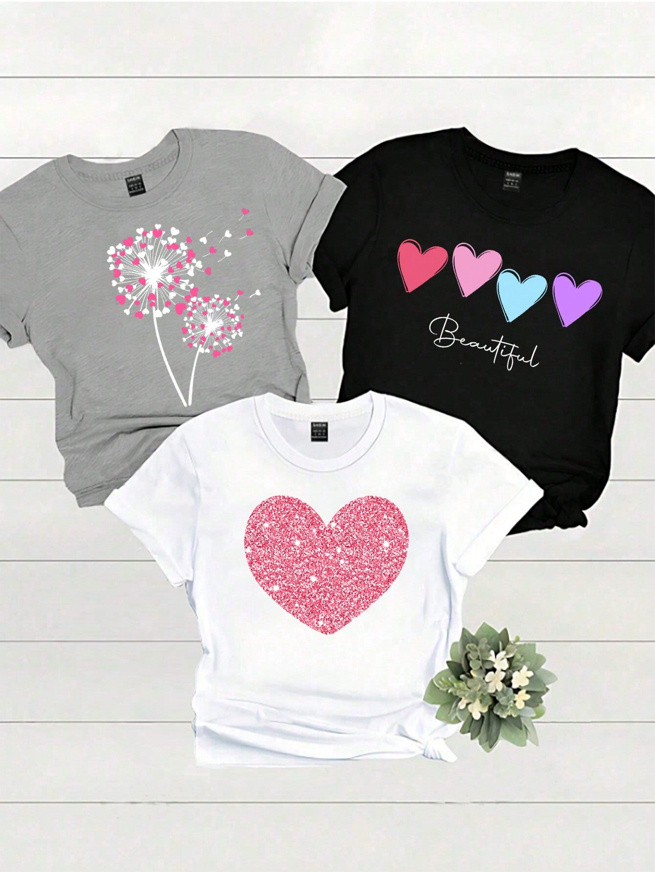 LUNE 3pcs Casual Heart, Letter Printed Round Neck Short Sleeve Women's T-Shirts, Summer Tee