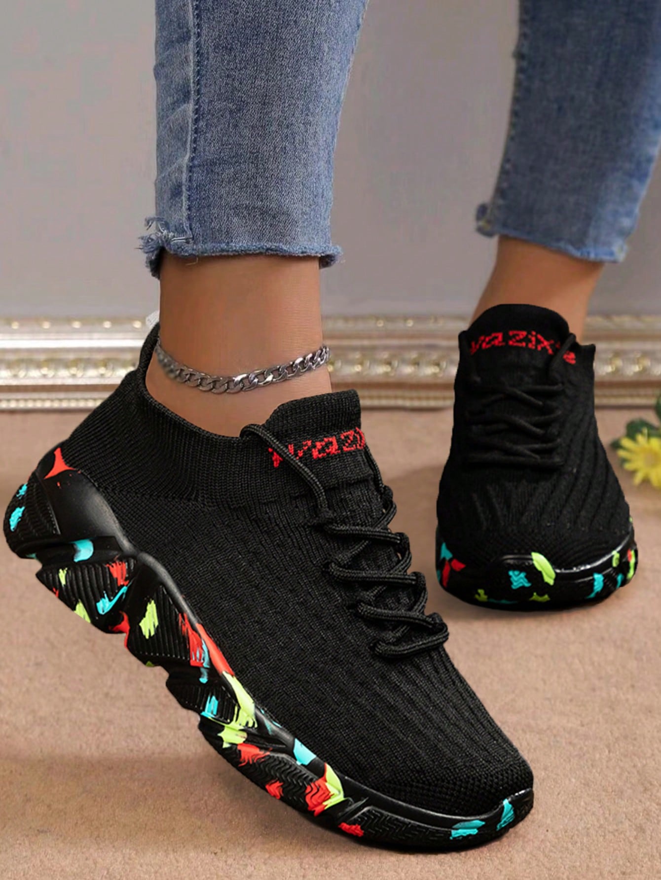 Women's Breathable Lightweight Shock Absorbing Athletic Shoes - Comfortable All-Season Lace-Up Casual Sneakers, With Braided Texture Elastic Fabric And Low-Top Style