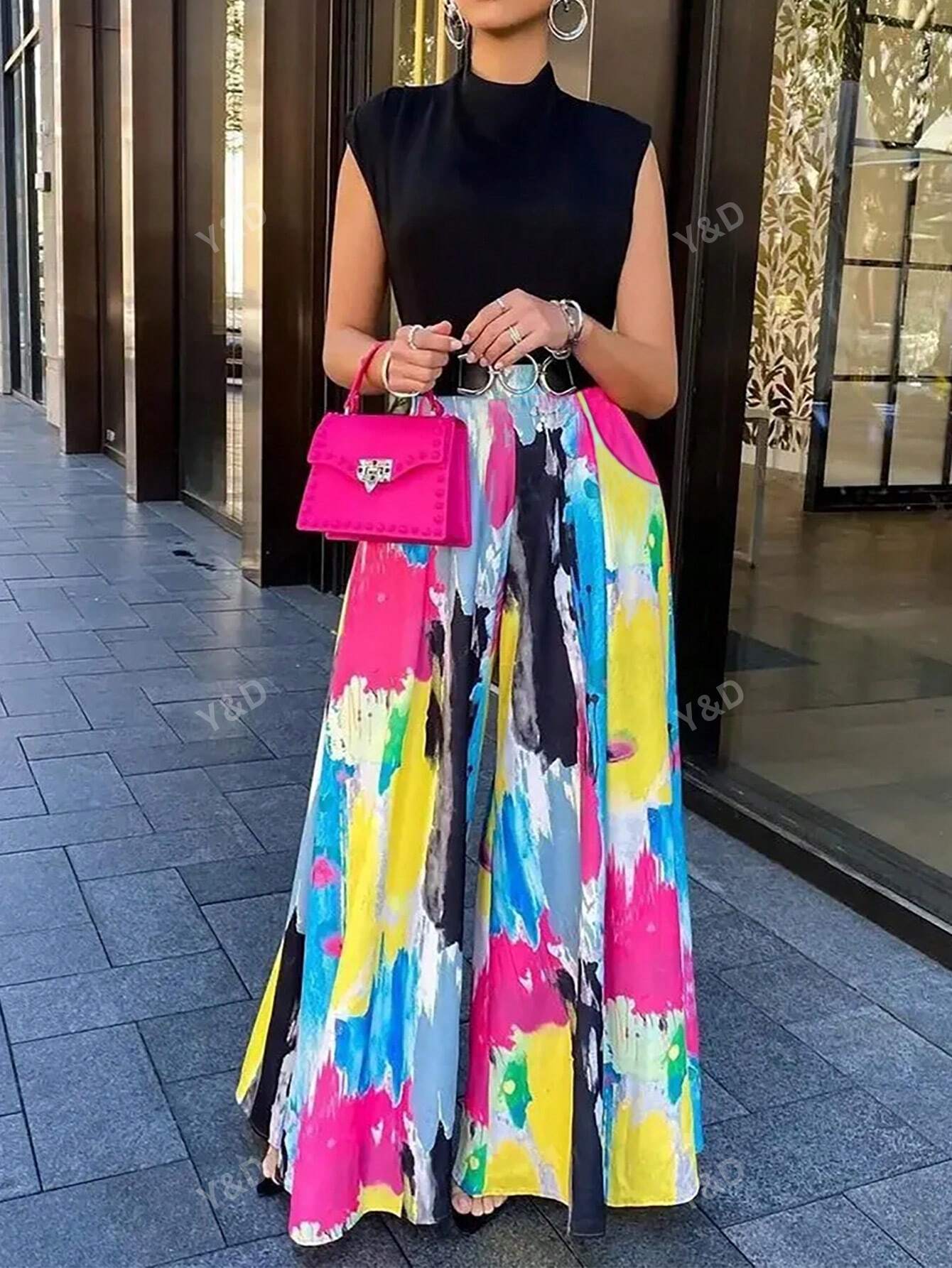 Women's Fashionable Tie-Dye Printed Elastic Waist Straight Wide Leg Pants With Pocket, Perfect For Daily Wear