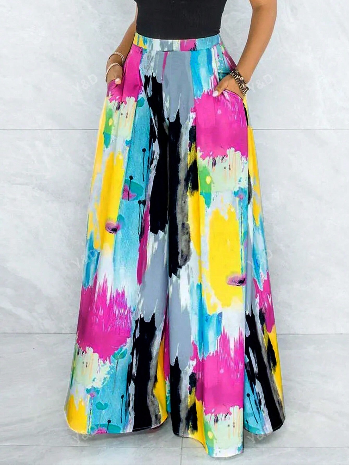 Women's Fashionable Tie-Dye Printed Elastic Waist Straight Wide Leg Pants With Pocket, Perfect For Daily Wear
