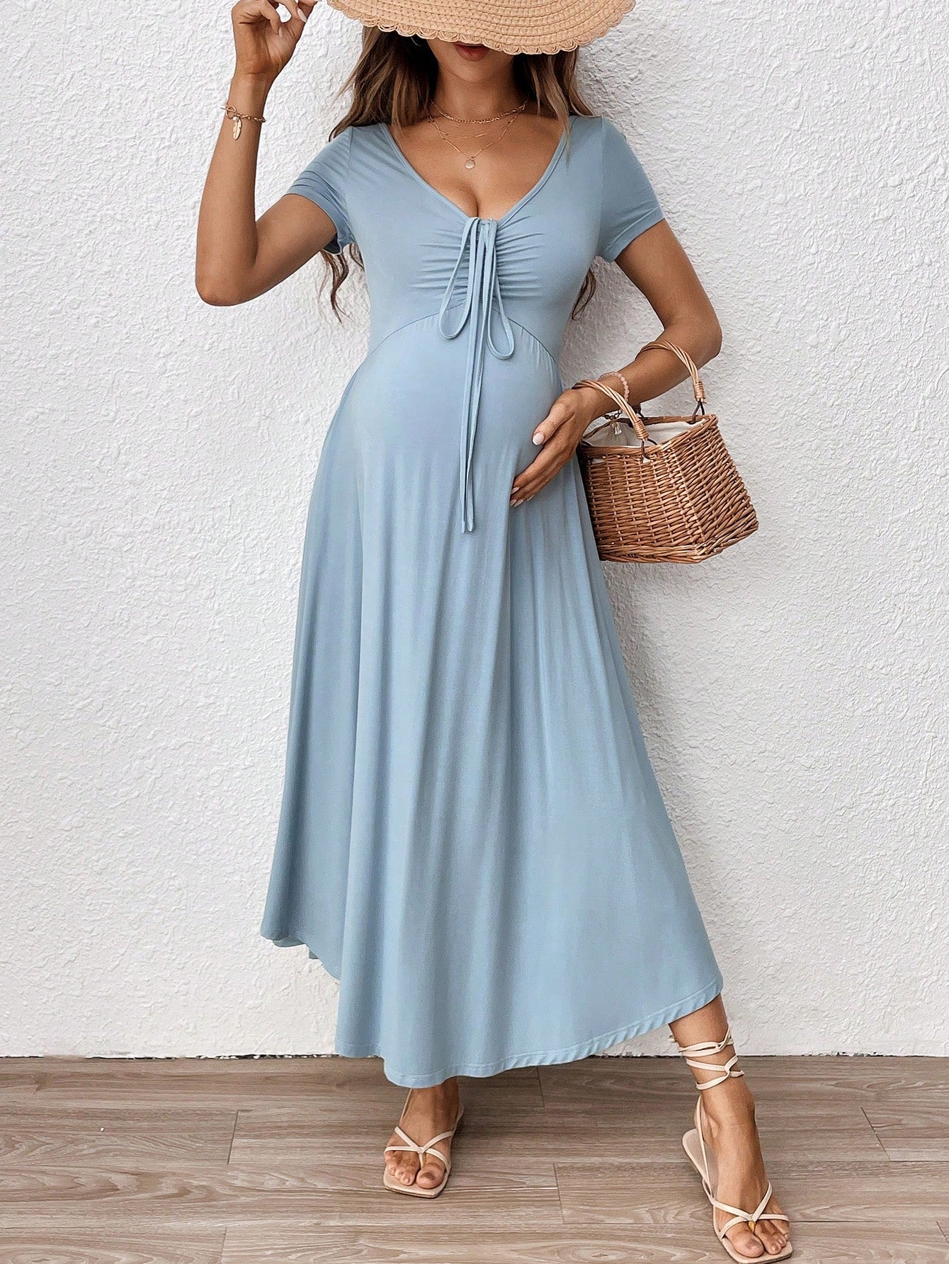 Maternity Casual Long Solid Color High-Waist Dress For Vacation