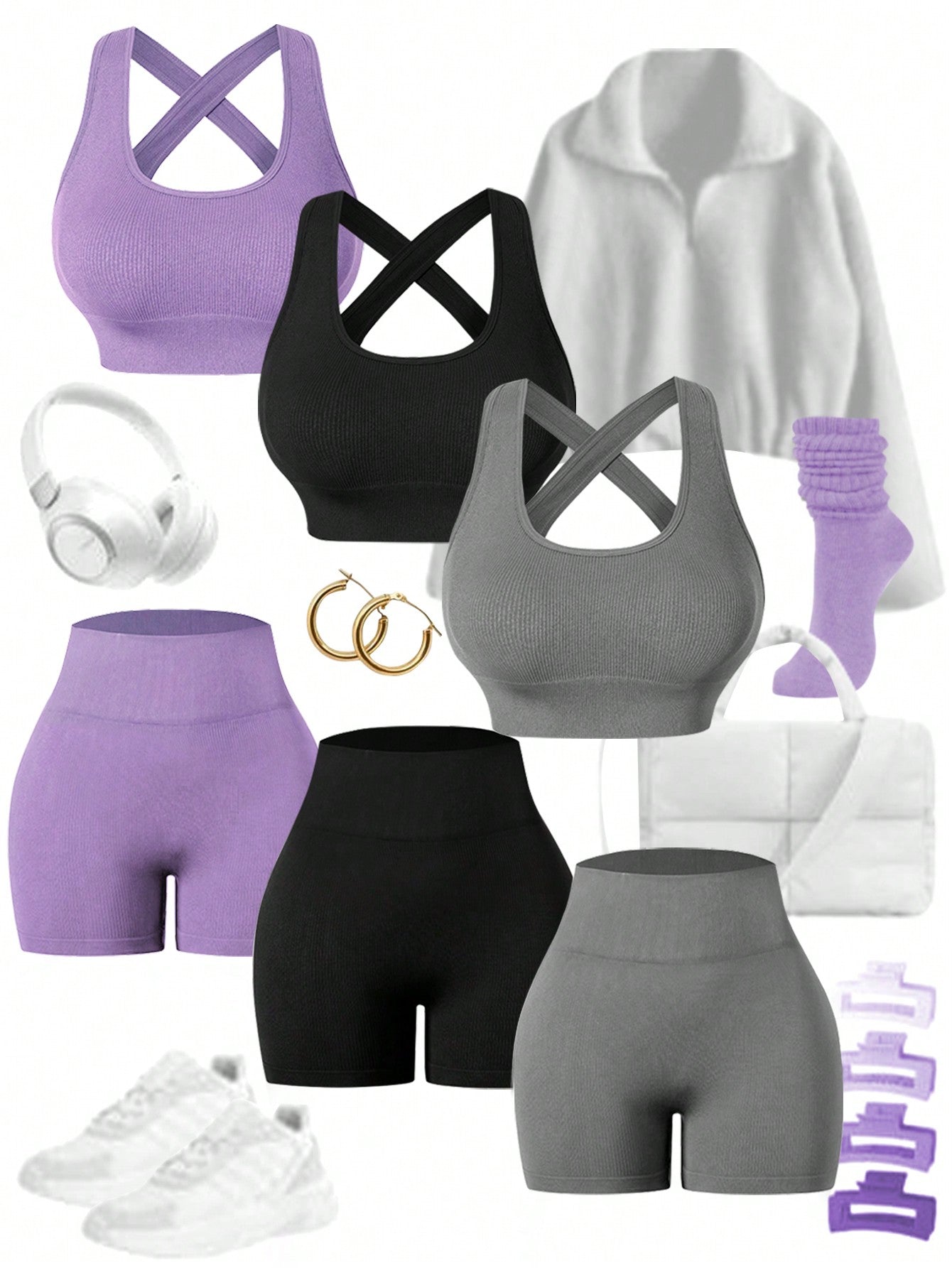 Sport Easify Women's Crew Neck Criss-Cross Back Top And Casual Seamless Shorts Yoga Texture Sports Set, Gym Clothes