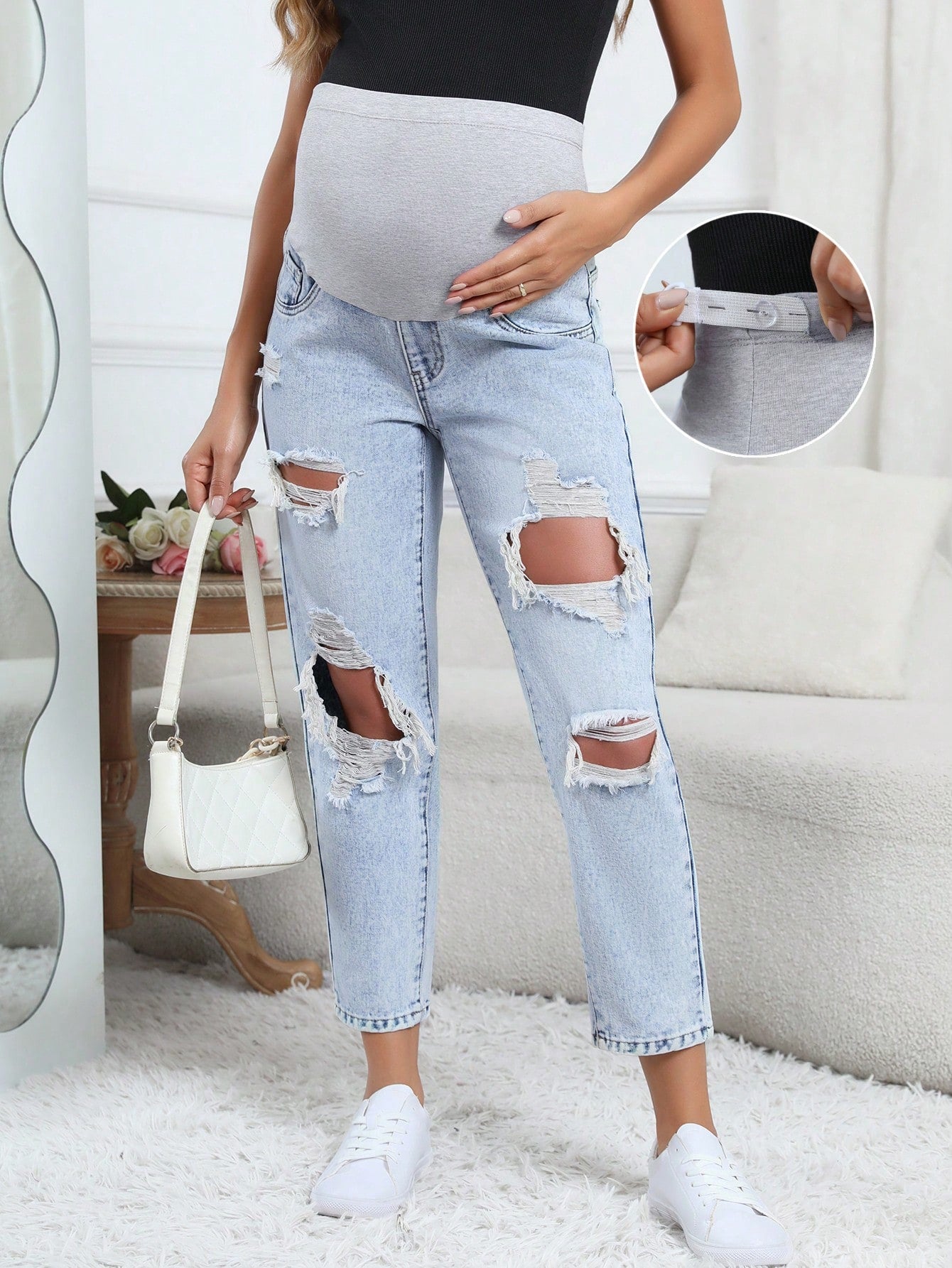 Pregnant Women's Daily Simple Solid Color Ripped Jeans For Maternity