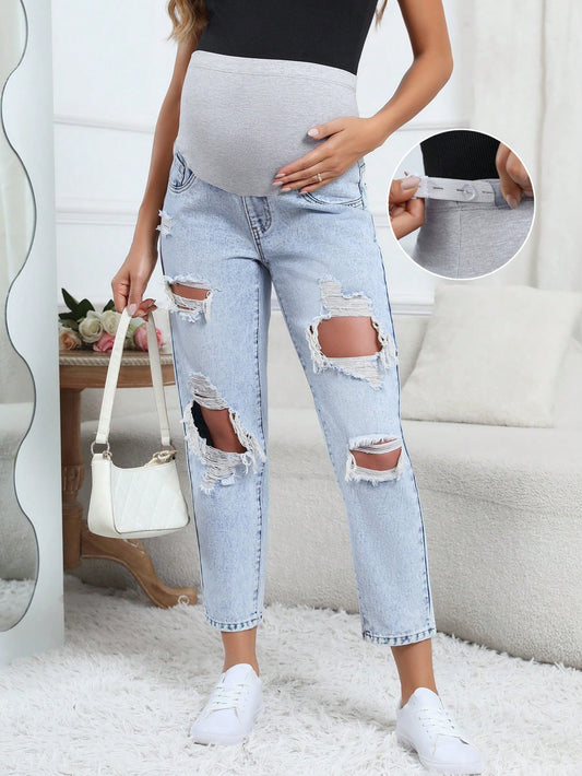Pregnant Women's Daily Simple Solid Color Ripped Jeans For Maternity