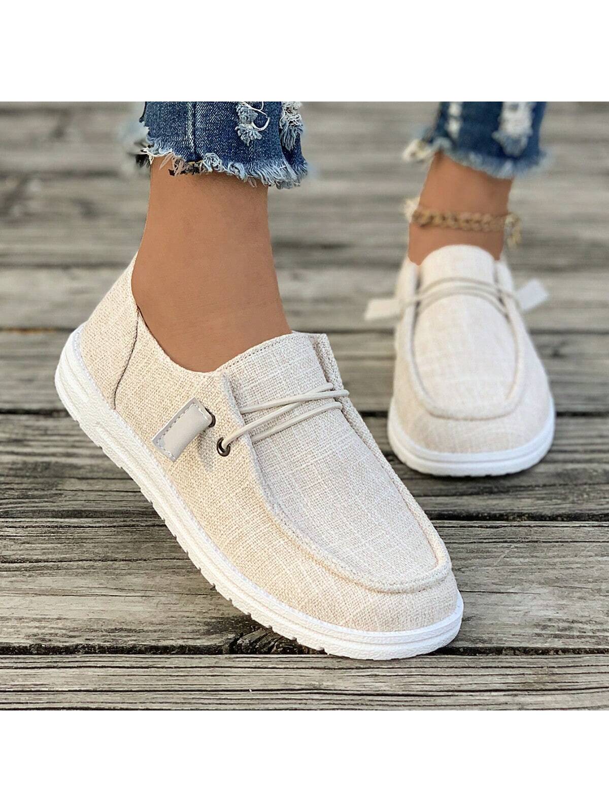 1pair Women's Comfortable Lightweight Round Toe Slip-On Canvas Flat Shoes With Anti-Skid Soles