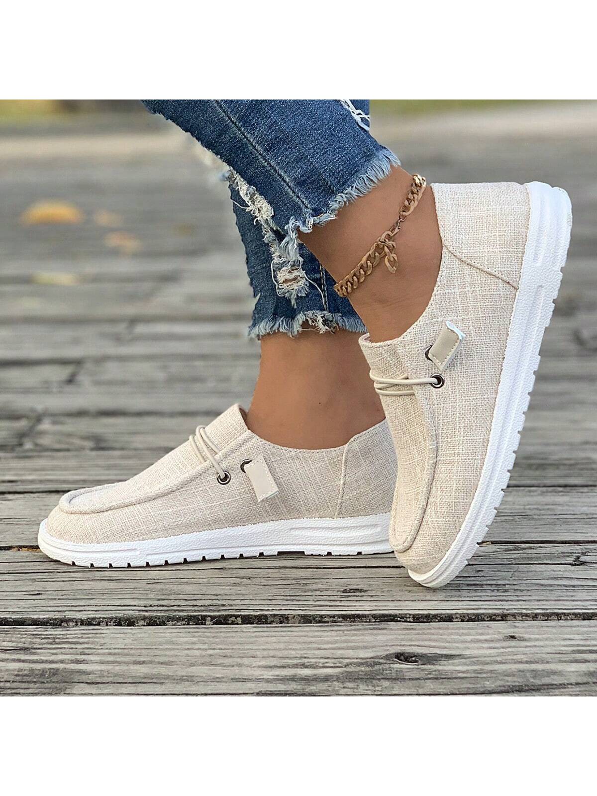 1pair Women's Comfortable Lightweight Round Toe Slip-On Canvas Flat Shoes With Anti-Skid Soles