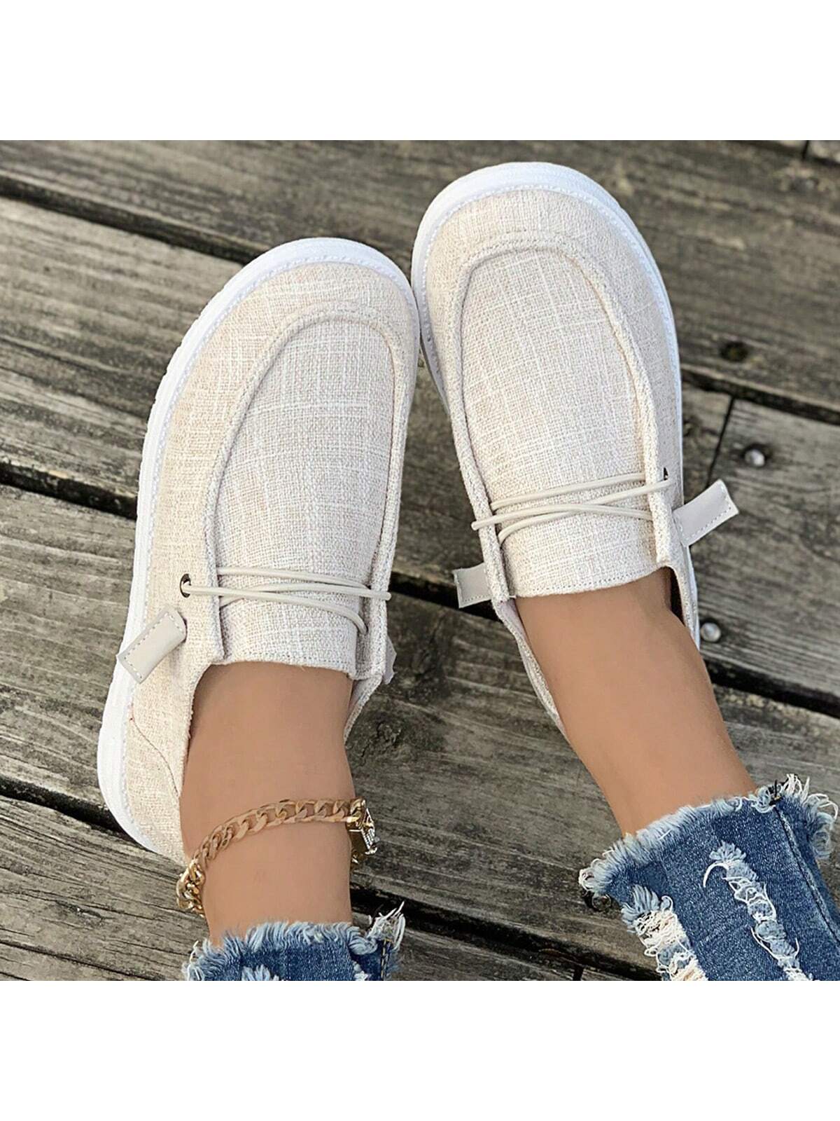 1pair Women's Comfortable Lightweight Round Toe Slip-On Canvas Flat Shoes With Anti-Skid Soles