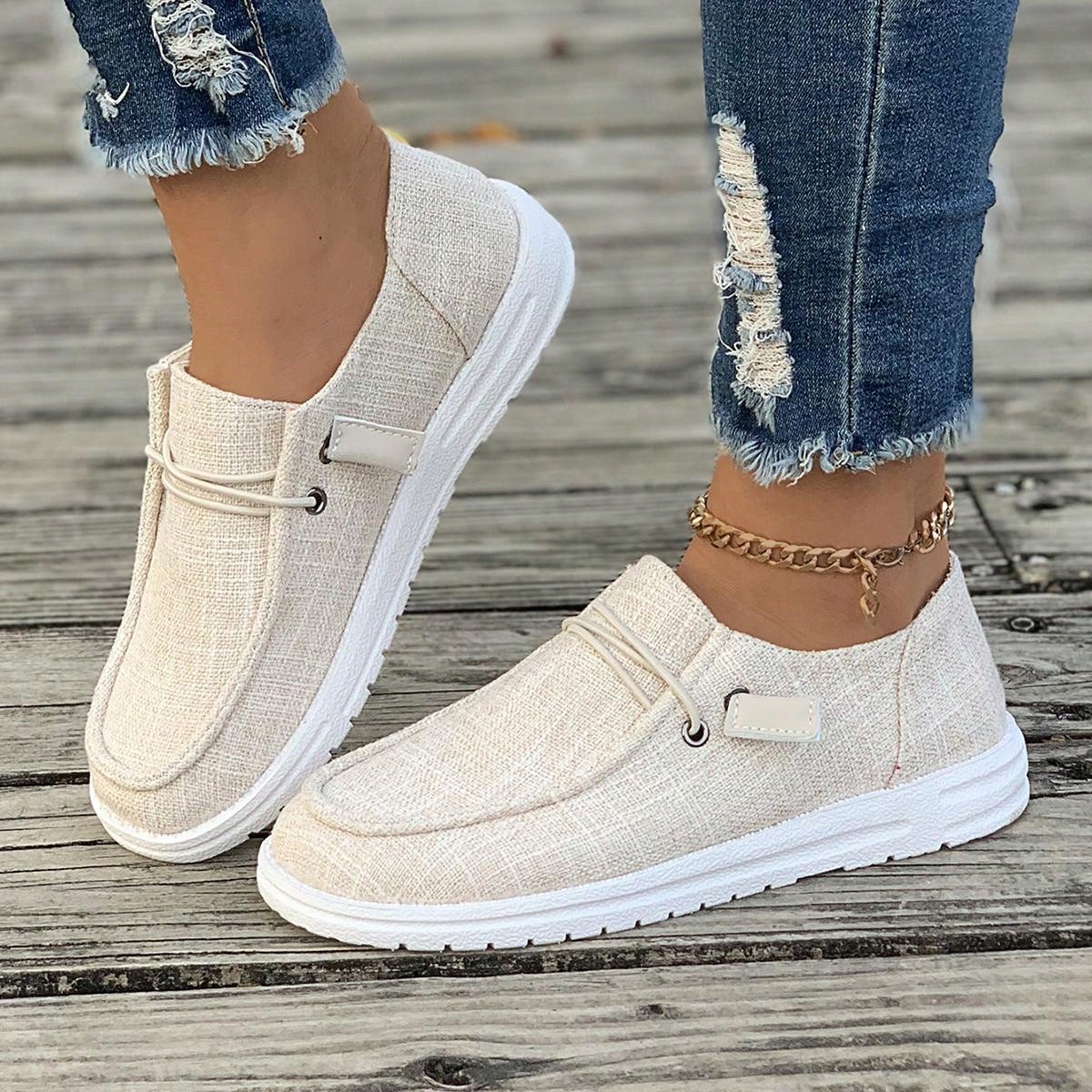 1pair Women's Comfortable Lightweight Round Toe Slip-On Canvas Flat Shoes With Anti-Skid Soles