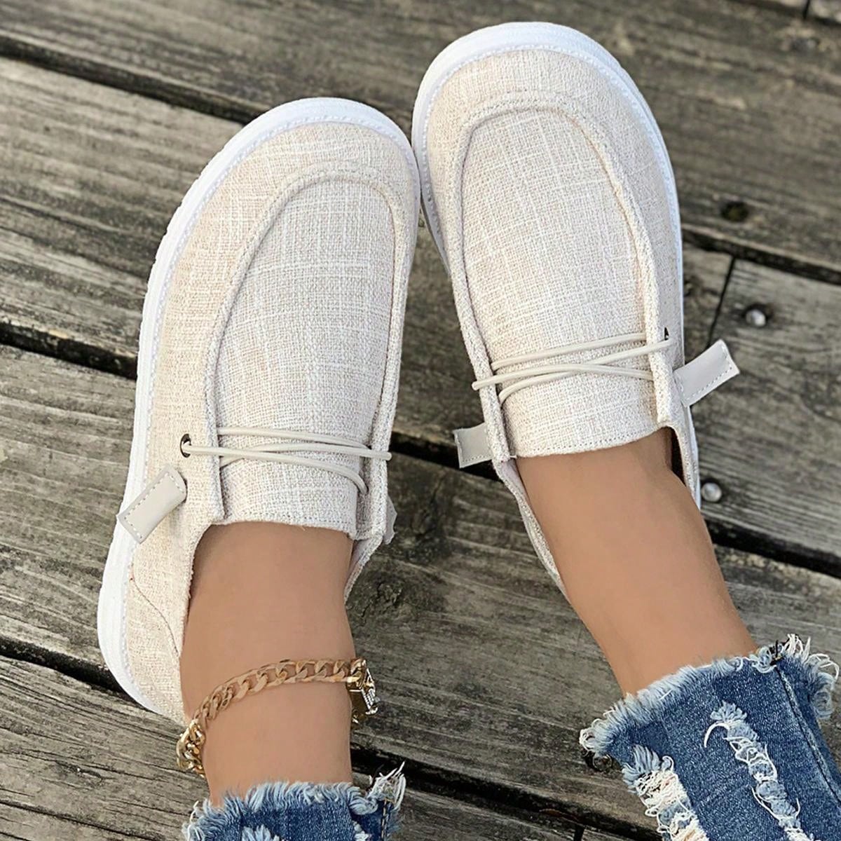 1pair Women's Comfortable Lightweight Round Toe Slip-On Canvas Flat Shoes With Anti-Skid Soles