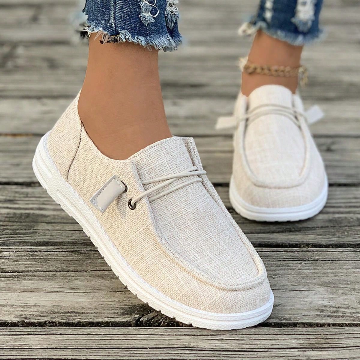 1pair Women's Comfortable Lightweight Round Toe Slip-On Canvas Flat Shoes With Anti-Skid Soles