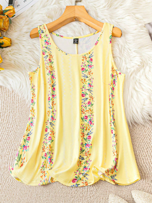 Holidaya Plus Size Flower Print Round Neck Summer Casual Tank Top Graphic Tees Women Tops
