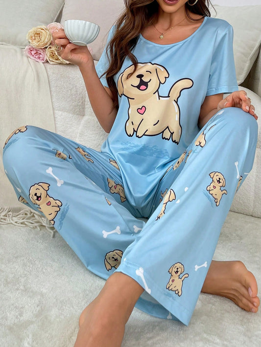 Women's Cartoon Dog Pattern Short Sleeve Long Pants Pajamas Set