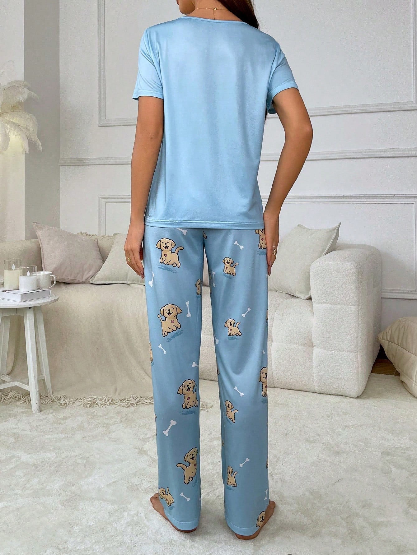 Women's Cartoon Dog Pattern Short Sleeve Long Pants Pajamas Set