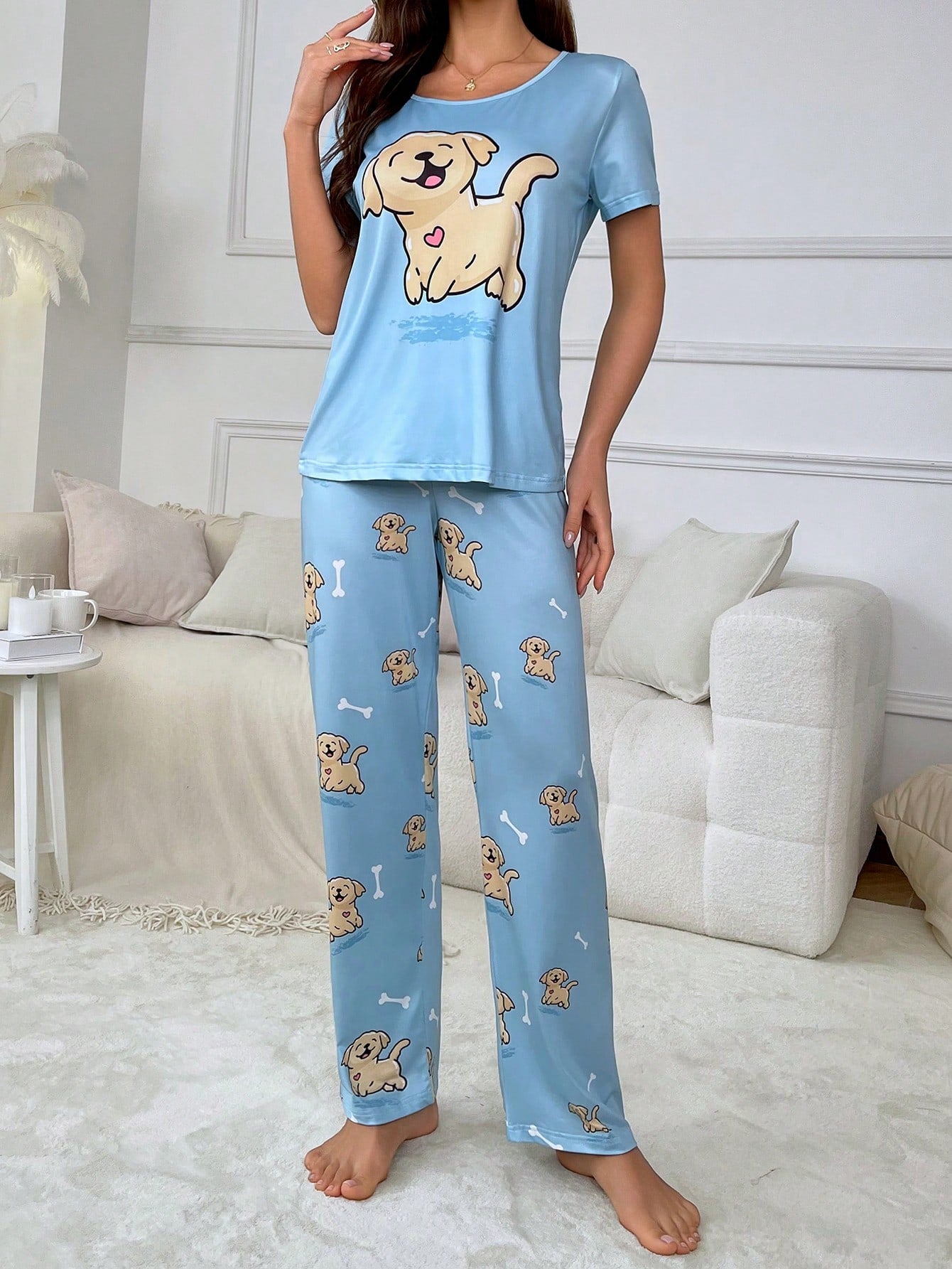 Women's Cartoon Dog Pattern Short Sleeve Long Pants Pajamas Set