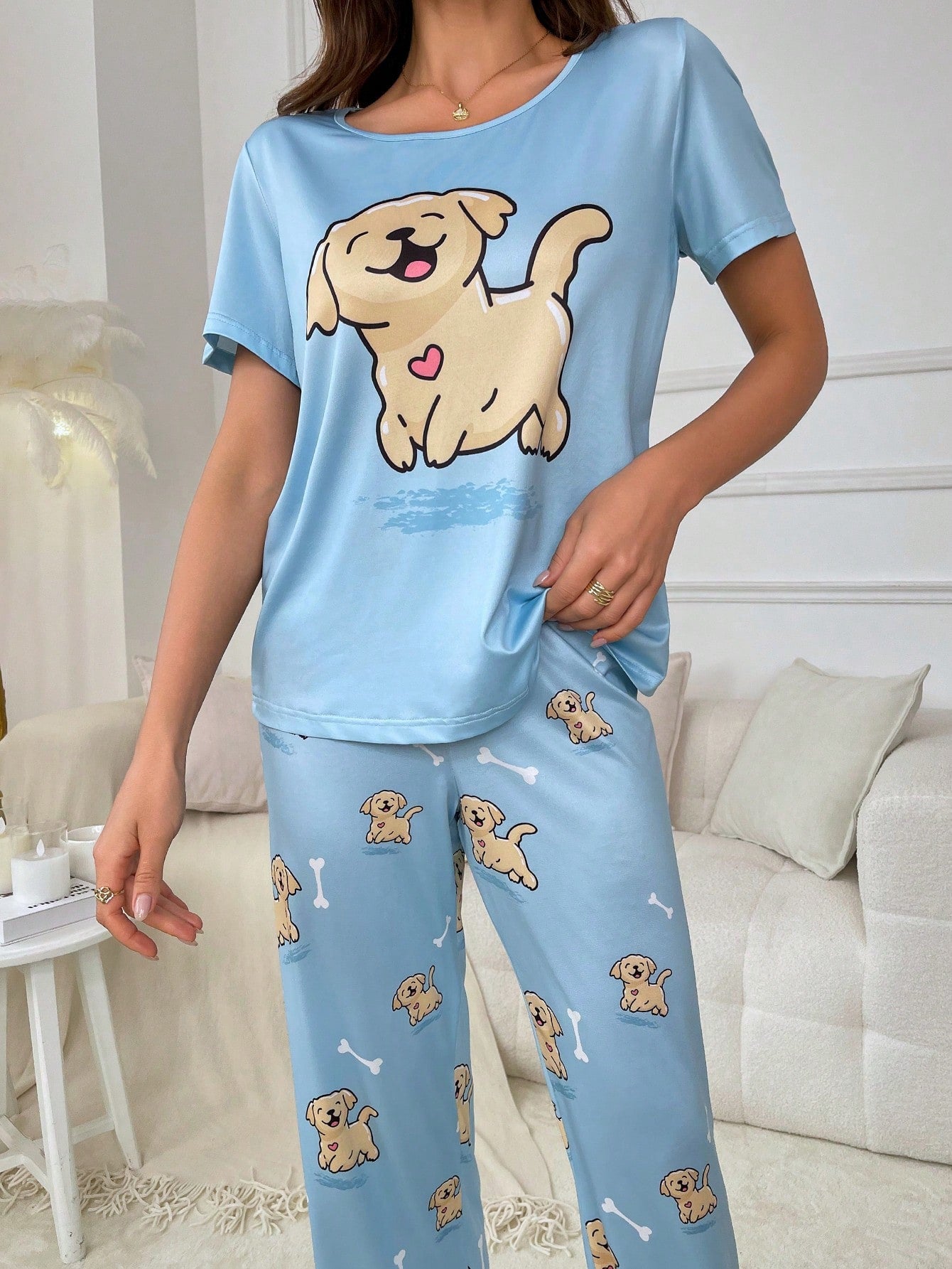 Women's Cartoon Dog Pattern Short Sleeve Long Pants Pajamas Set
