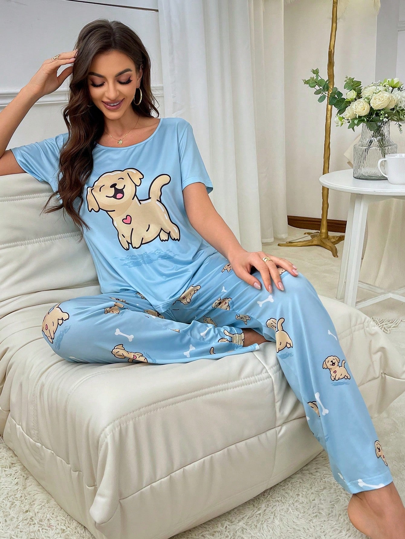 Women's Cartoon Dog Pattern Short Sleeve Long Pants Pajamas Set
