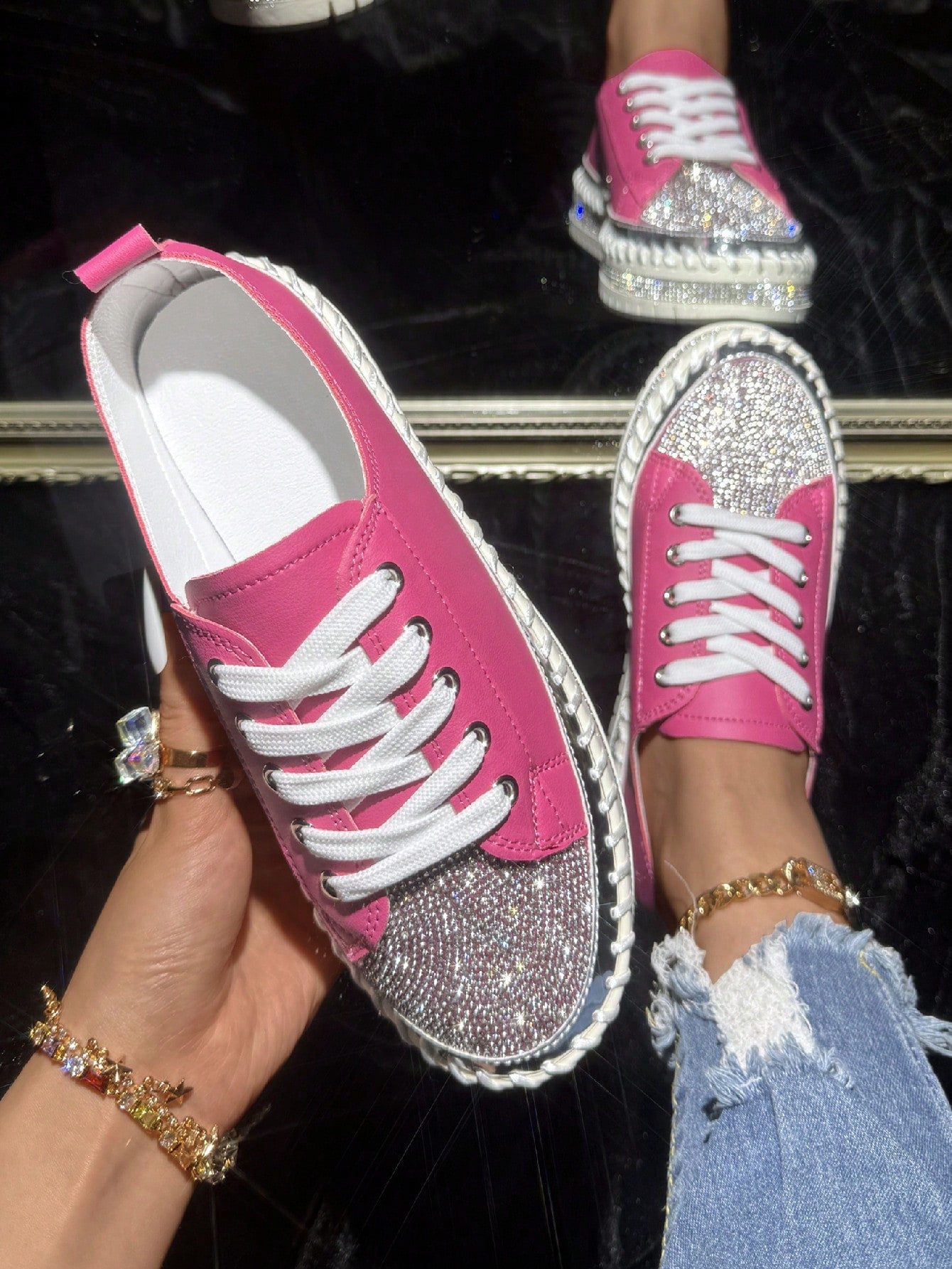 Women's Sparkling Pink Diamond Lace-Up Sneakers, Fashionable Casual Sports Shoes With Soft Soles, Suitable For College Students