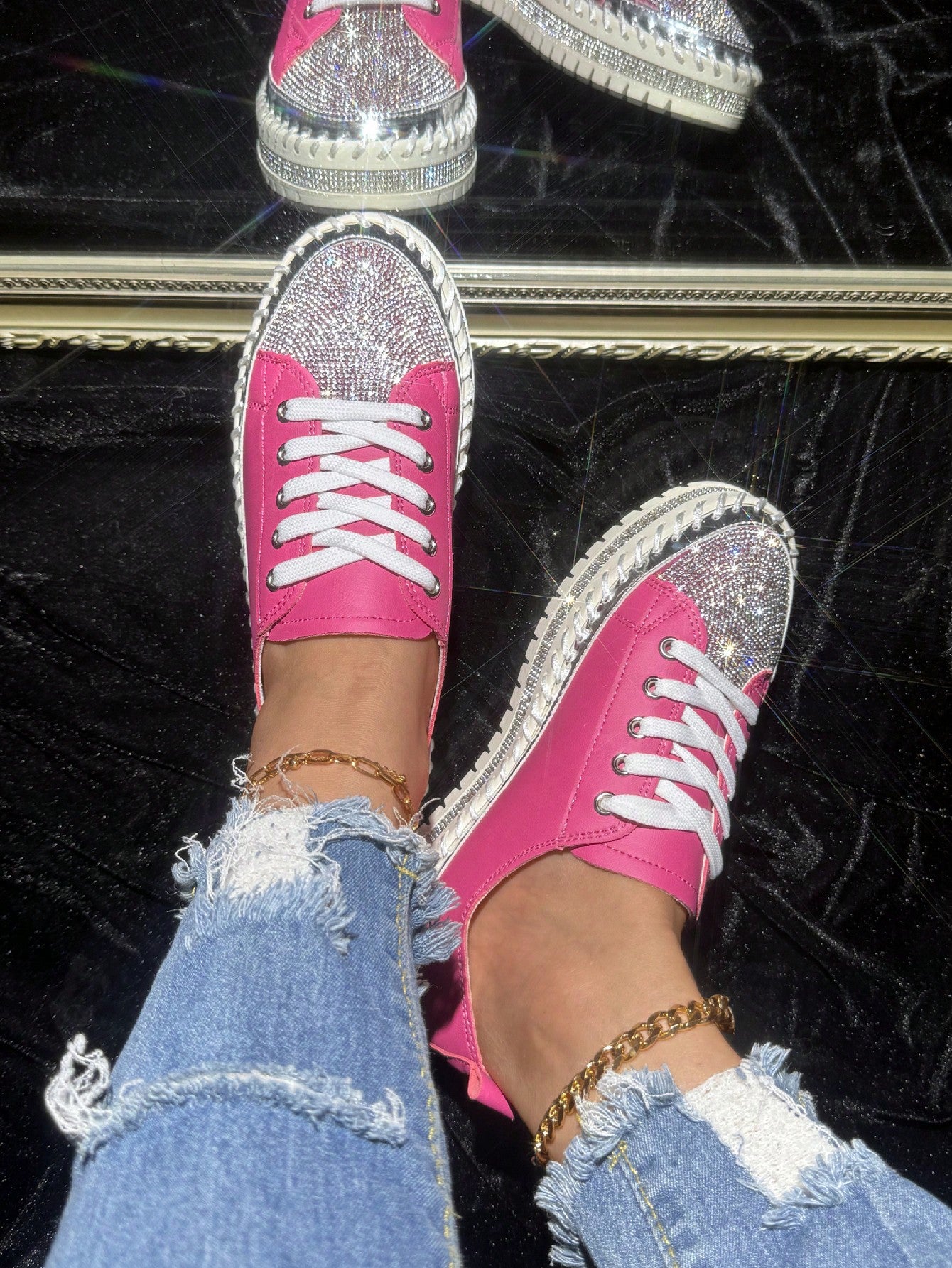 Women's Sparkling Pink Diamond Lace-Up Sneakers, Fashionable Casual Sports Shoes With Soft Soles, Suitable For College Students