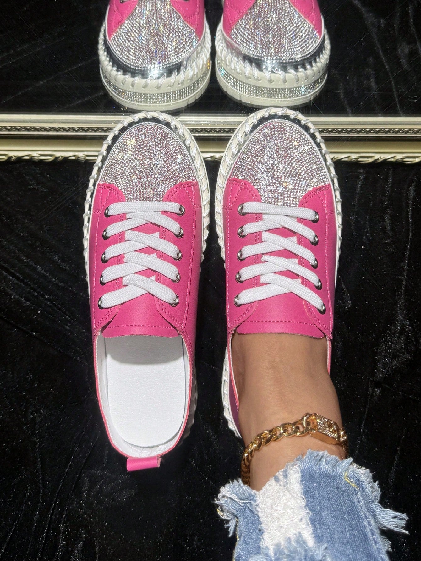 Women's Sparkling Pink Diamond Lace-Up Sneakers, Fashionable Casual Sports Shoes With Soft Soles, Suitable For College Students