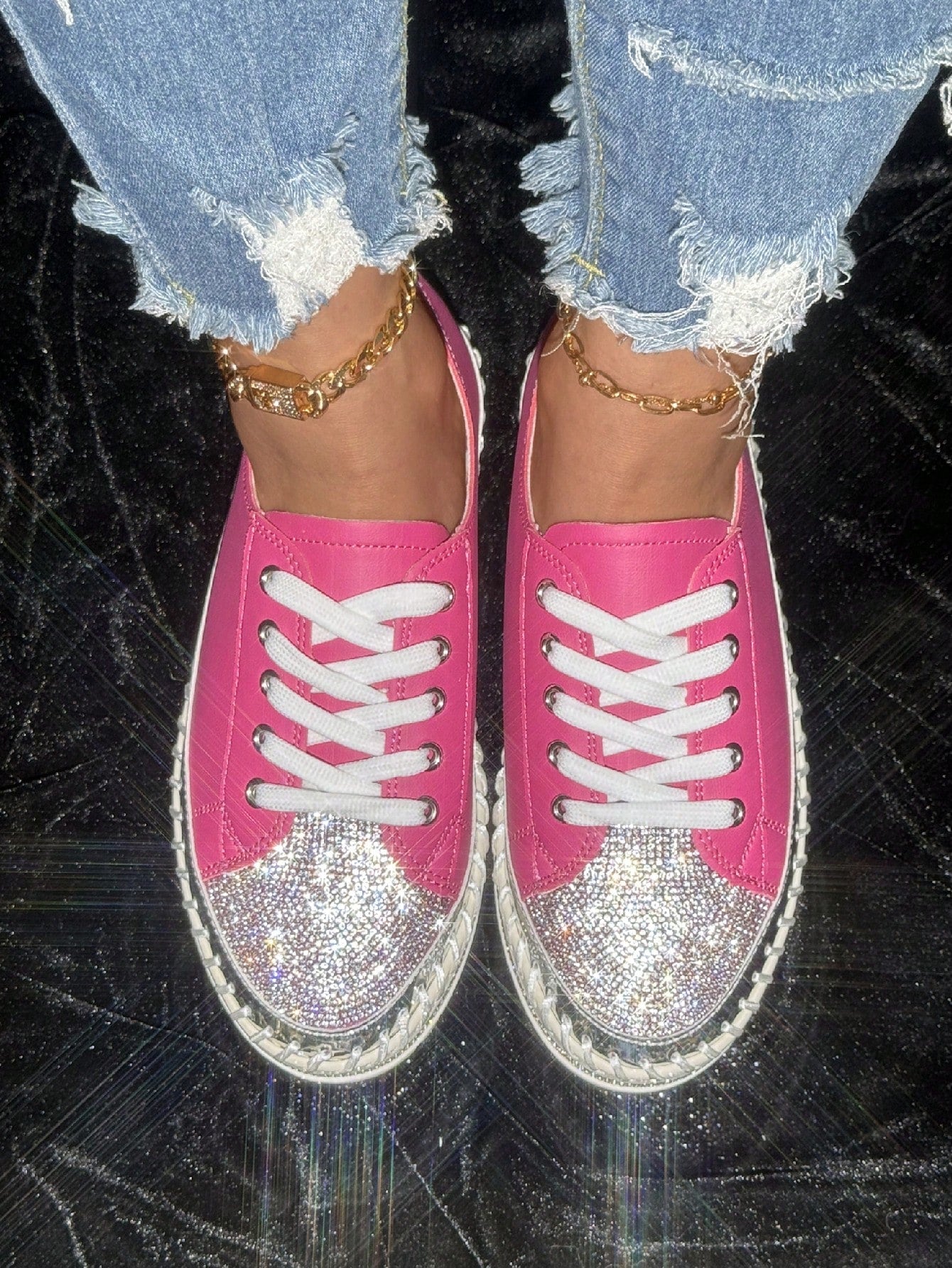 Women's Sparkling Pink Diamond Lace-Up Sneakers, Fashionable Casual Sports Shoes With Soft Soles, Suitable For College Students