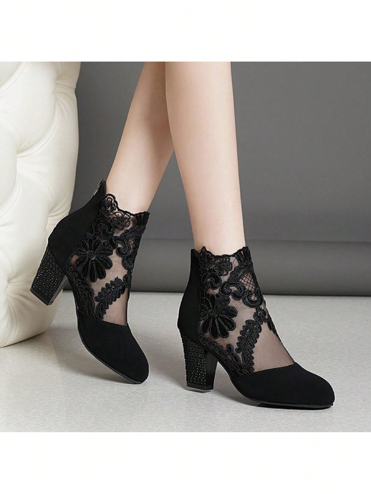 Women's Black Embroidered High Heel Mesh Boots