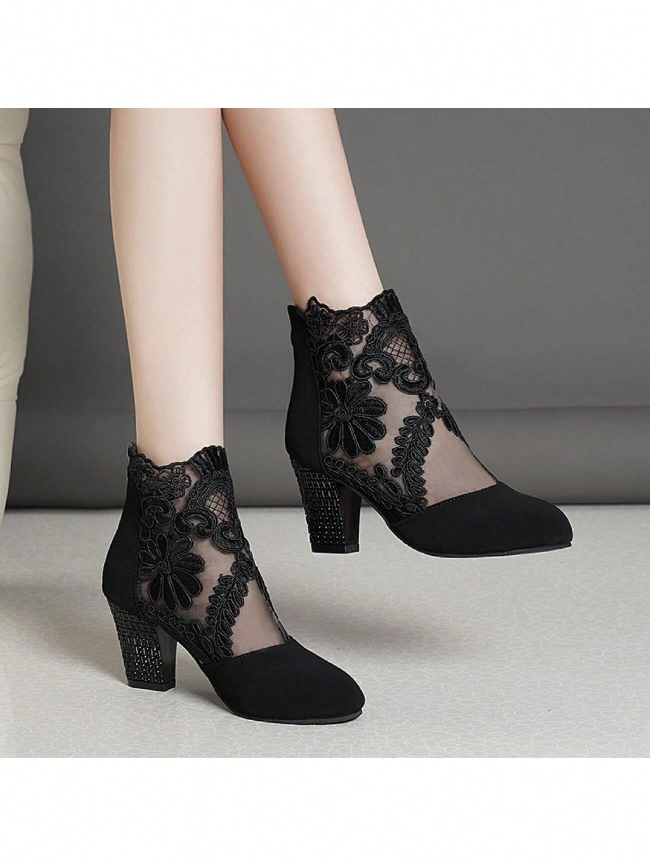 Women's Black Embroidered High Heel Mesh Boots