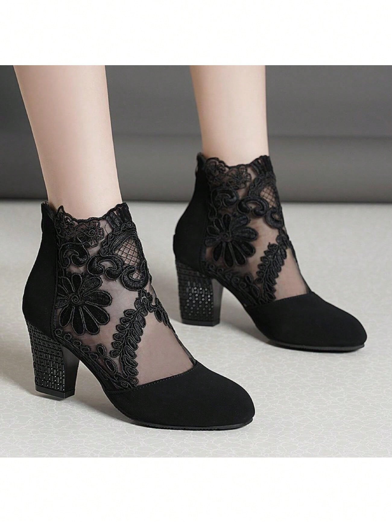 Women's Black Embroidered High Heel Mesh Boots