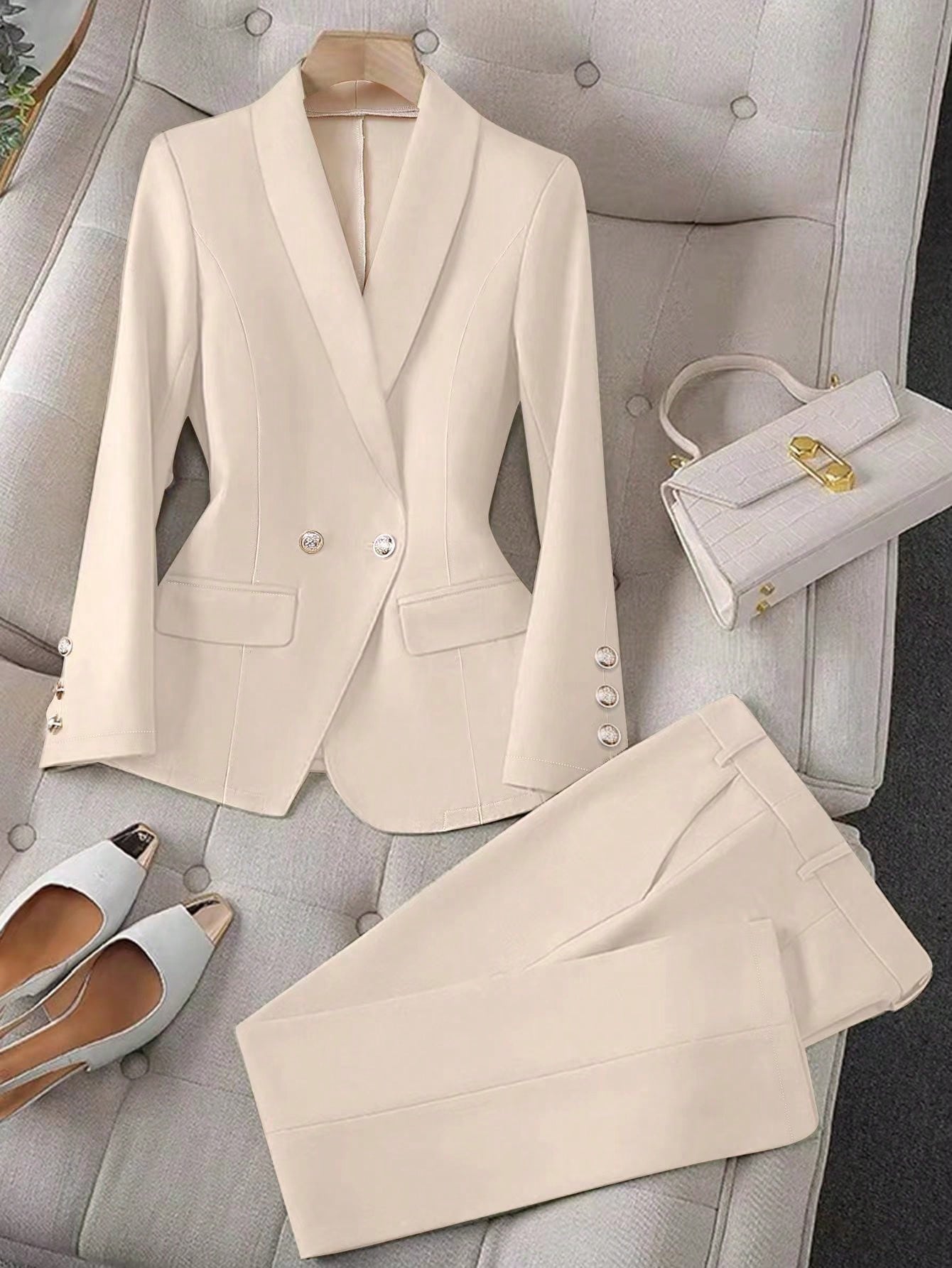 Raffinéa Apricot Color Long Sleeve Lapel Women's Suit Jacket And Pants Set