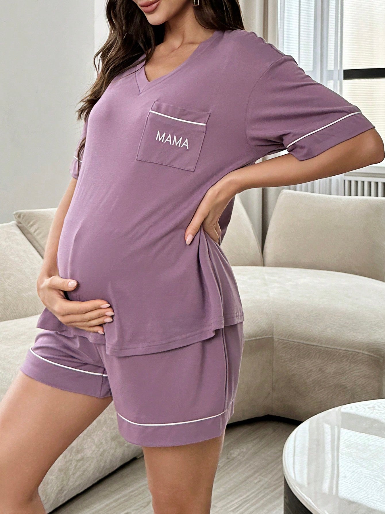 Underwear&Sleepwear Maternity Color Block Thin Border Pocket Letter Print Short Sleeve Shorts Maternity Homewear
