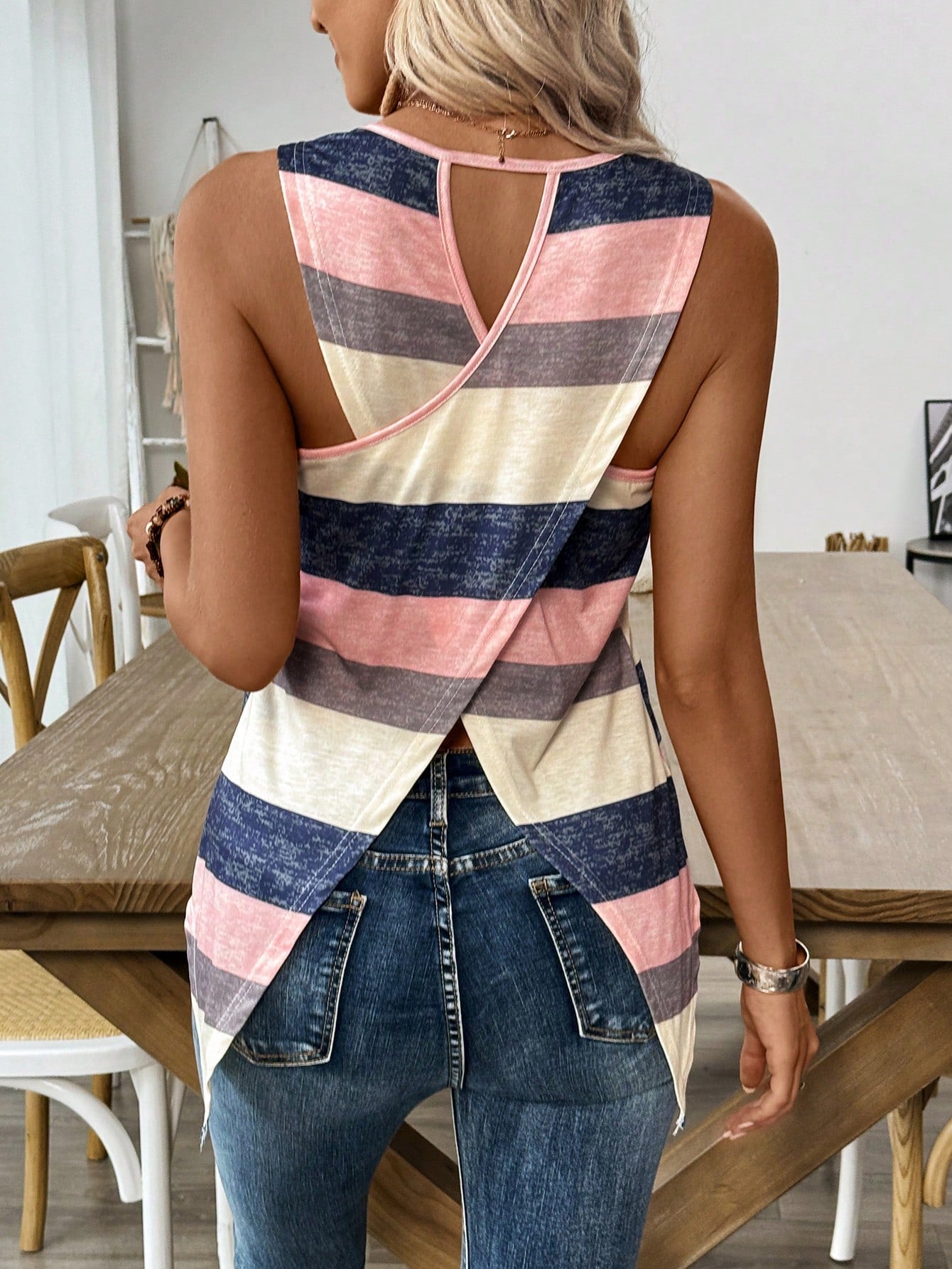 LUNE Knit Striped Printed Sleeveless Crossed Back Casual Tank Top For Summer Graphic Tees Women Tops