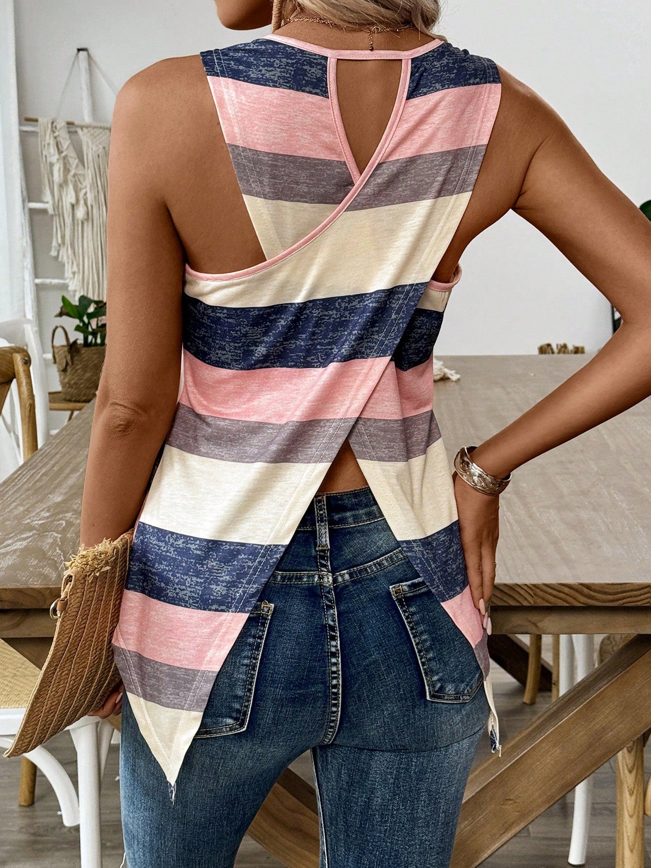 LUNE Knit Striped Printed Sleeveless Crossed Back Casual Tank Top For Summer Graphic Tees Women Tops