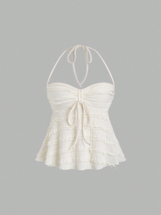 Sweetra Solid Color Drawstring Halter Backless Sexy Summer Tank Top