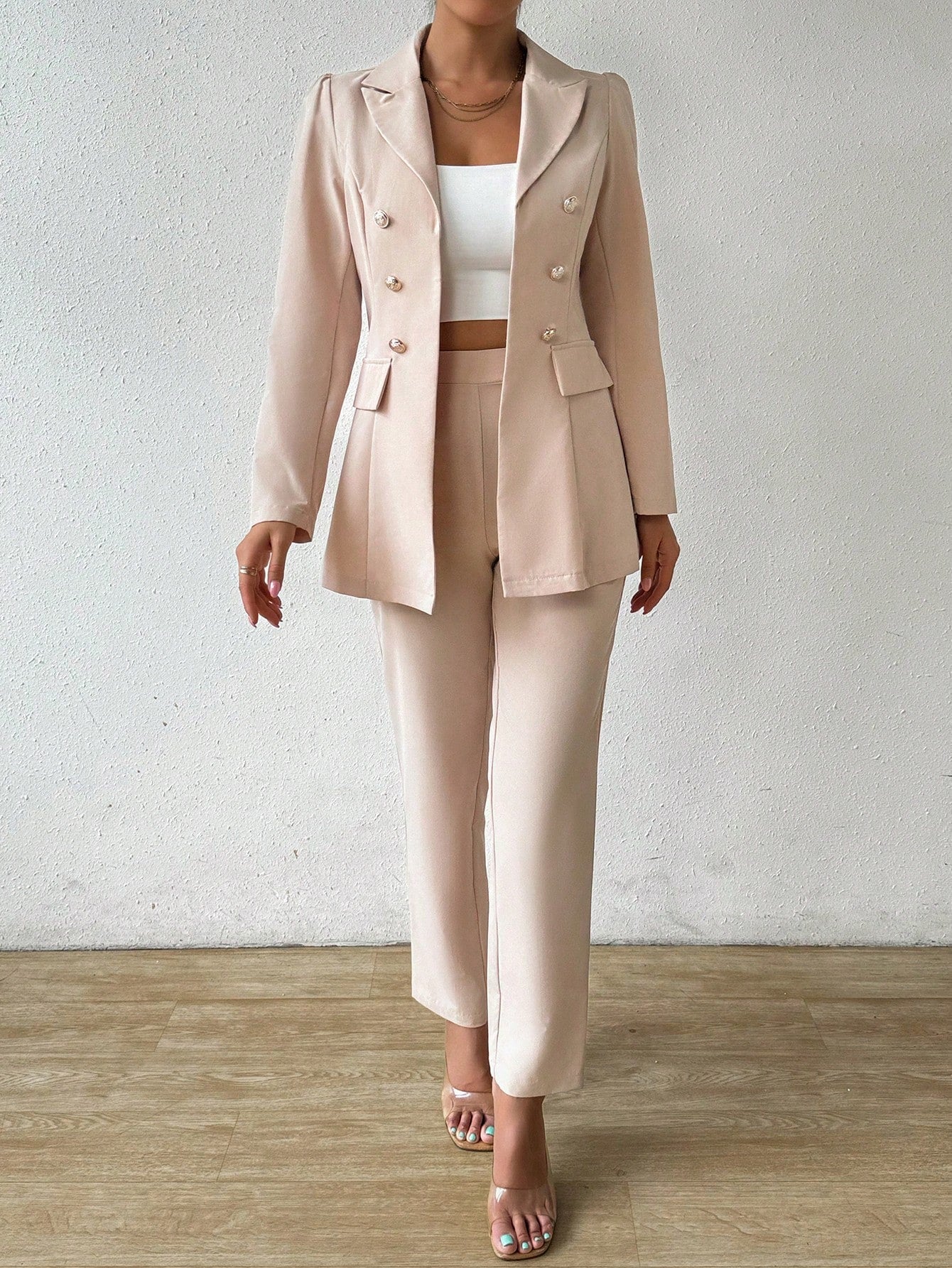 Raffinéa 2pcs Solid Color Double-Breasted Jacket And Trousers Suit, Spring & Fall