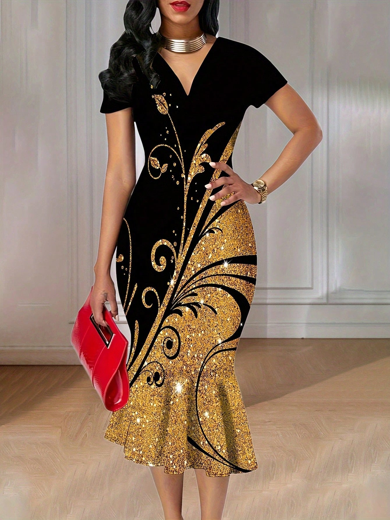 LUNE Plant Print Color Block V-Neck Mermaid Dress Maxi Women Outfit