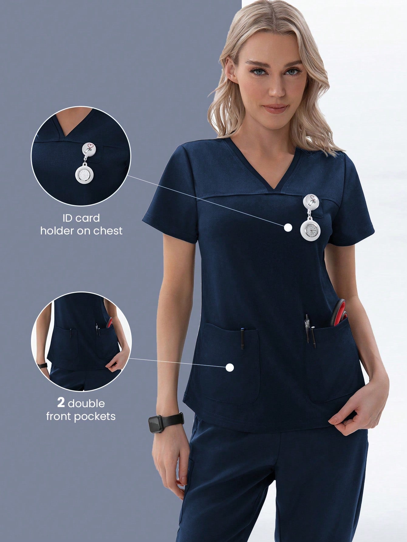 TaskFit 2-Pockets V-Neck Short Sleeve Nurse Uniform Scrub Top Clothes For Women
