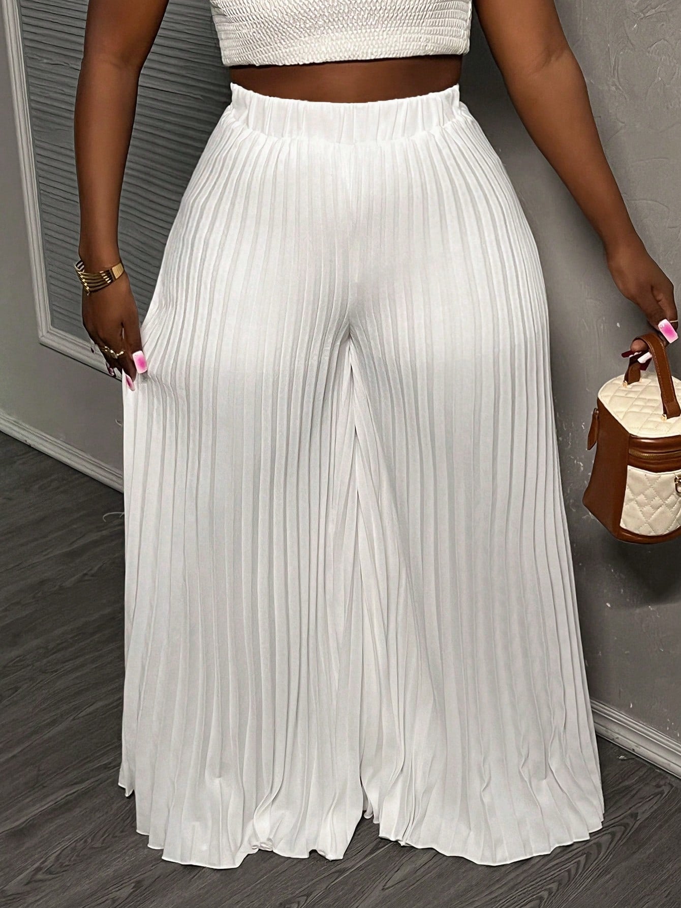 Slayr Elegant Elastic Waist Dark Green Pleated Large-Footed Extra-Long Wide-Leg Pants For Women