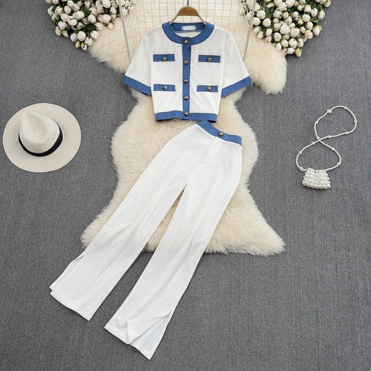 Fashion Two-Piece Set – Elegant Crewneck Single-Breasted Denim Contrast Crop Top + Skirt Suit