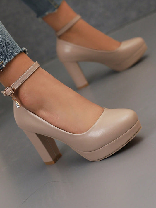 Khaki High-Heel Shoes With Platform, PU Material, Four Seasons Shoes With Ankle Strap, Chunky Heels, Elegant Work Office Shoes For Women
