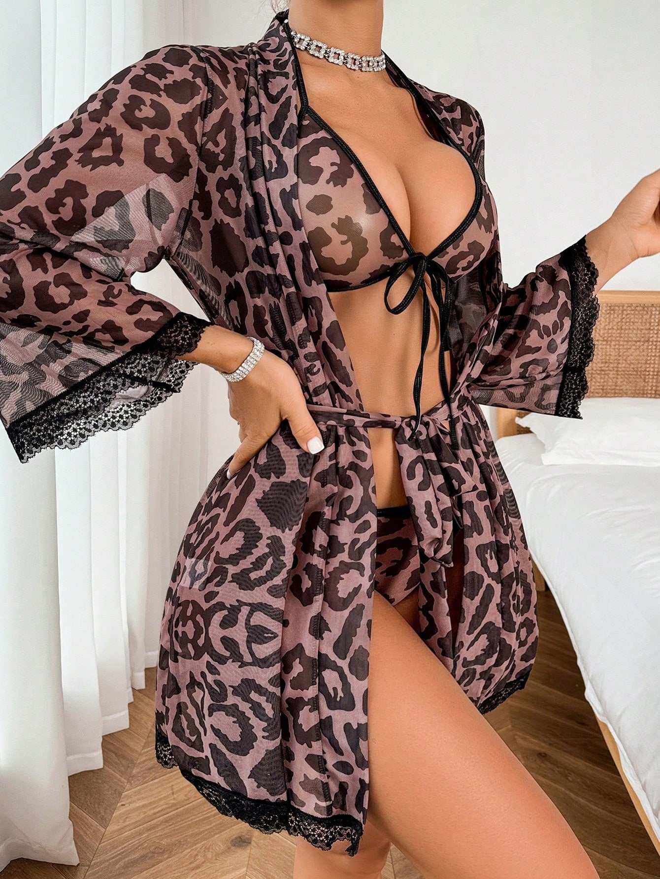 4pcs Leopard Mesh Sexy Lingerie Set For Women
