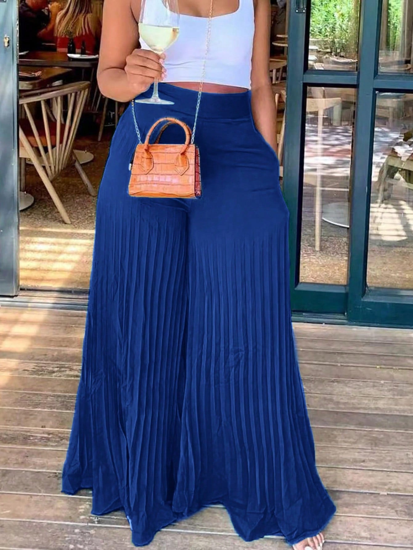 Slayr Elegant Elastic Waist Dark Green Pleated Large-Footed Extra-Long Wide-Leg Pants For Women