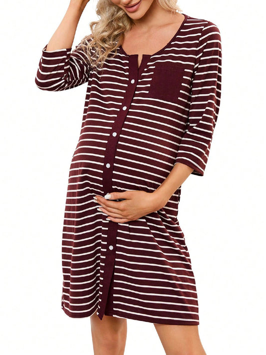 Mothers Day Gifts Maternity Nightgown Women's 3/4 Sleeve Striped Nursing Sleepshirt Full Button Breastfeeding Sleep Dress Burgundy 2XL